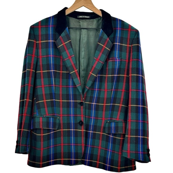 Vintage Jackets & Blazers - Vintage Women's Blazer Scotch House Wool Cashmere Holiday Plaid Velvet Trim | L